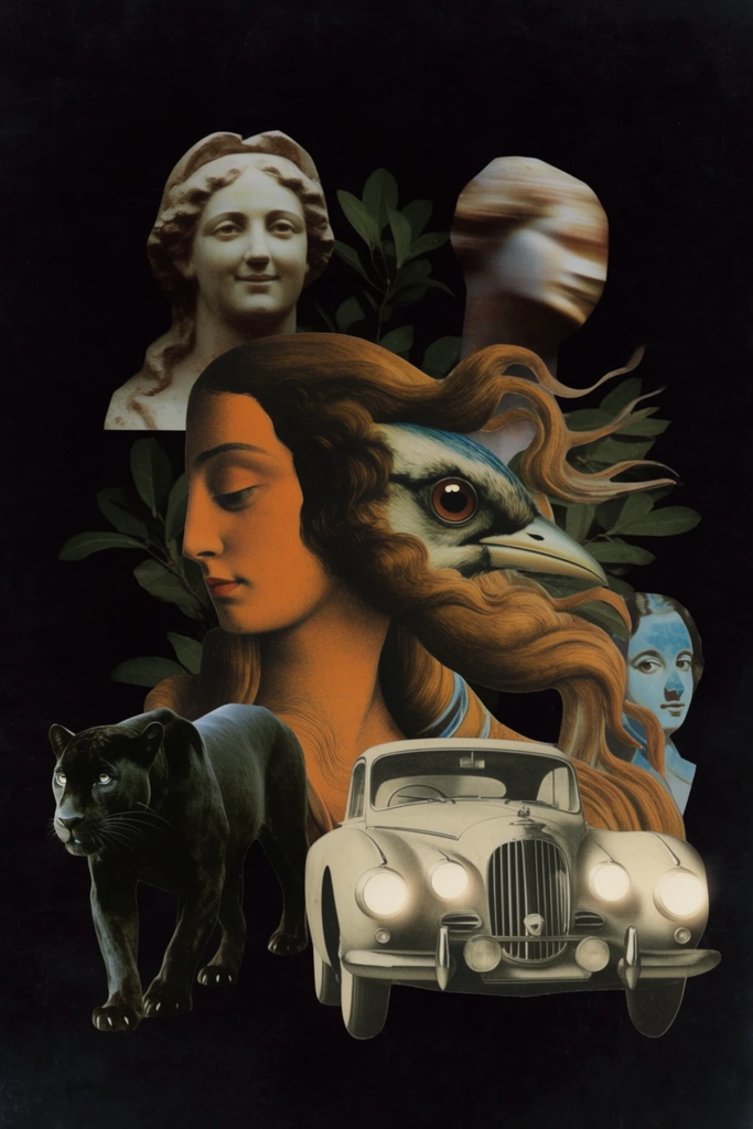 Antiquarian Surrealist Collage style AI image example 3