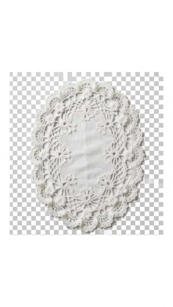 A white oval lace doily with floral crochet details forming a decorative circular frame, on a transparent background for romantic, vintage, and wedding designs.