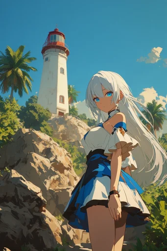 Vibrant Summer Anime style reference image — dynamic low-angle perspective