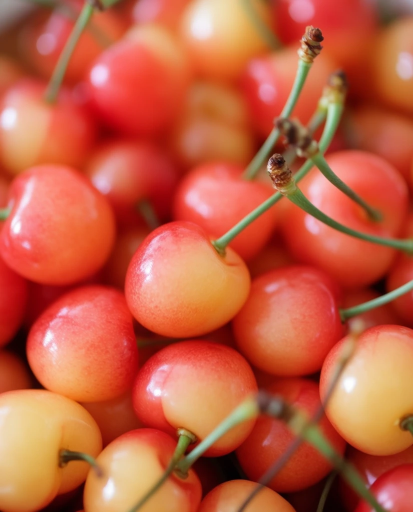 A dense cluster of glossy, two-toned cherries fills the frame in this vibrant macro photograph. The plump fruits exhibit a smooth gradient of coral red transitioning to pale golden yellow. Crisp focus anchors the central cherries, where diffused lighting creates sharp specular highlights on their curved surfaces. A very shallow depth of field dissolves the surrounding fruits into a soft, luminous blur of warm red and orange hues. Slender, curved green stems with textured brown tips sweep diagonally across the focal plane, contrasting beautifully with the dense, glowing volumes of the fruit.
