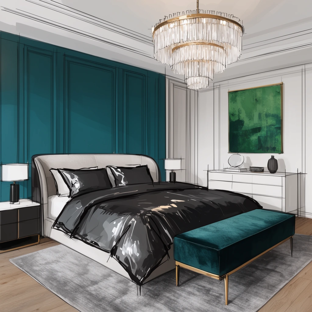 luxurious modern bedroom interior rendering, bed with curved headboard and glossy charcoal bedding, deep teal paneled accent wall, tiered crystal fringe chandelier, sleek velvet bench, grey rug over wood floor, white dresser under abstract green painting, digital architectural sketch style