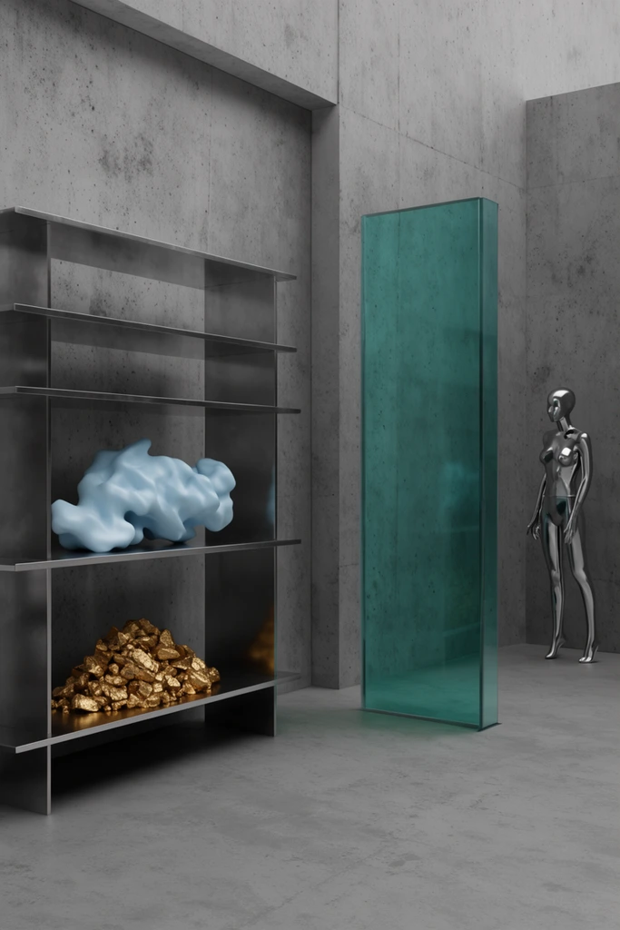 Brutalist gallery 3D render, metal shelving, light blue amorphous sculpture, pile of golden rocks, vertical teal glass panel, reflective metallic mannequin, concrete walls, stark minimalist aesthetic