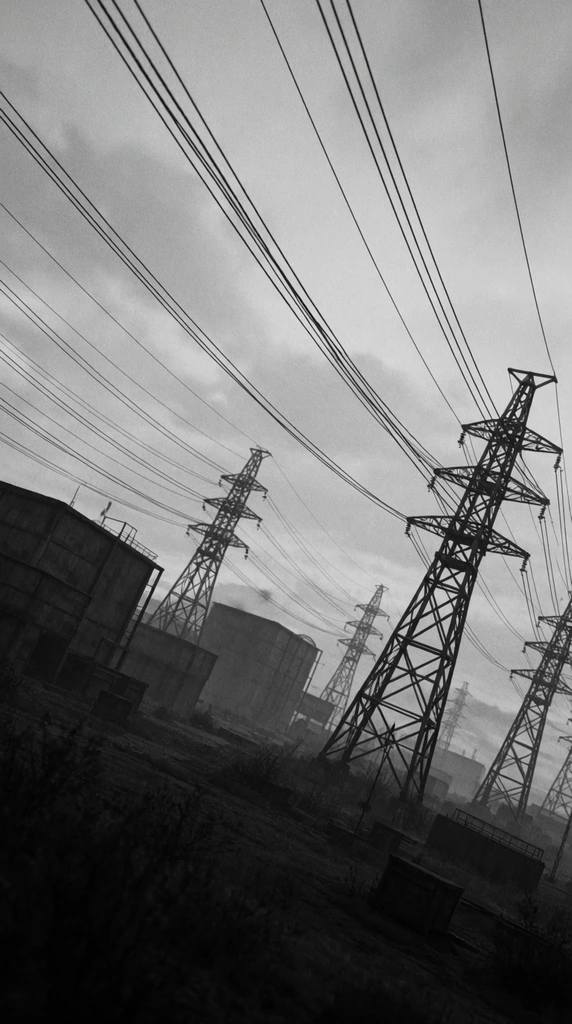 black and white industrial wasteland, extreme Dutch angle, intersecting metal power lines, tall truss pylons, dark boxy structures, bleak overcast sky, heavy film grain, high contrast