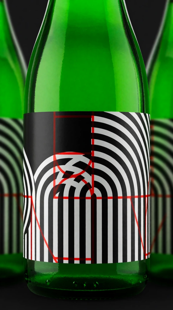 A macro product shot of a vivid green glass bottle flanked by blurred identical bottles. The sharply focused central bottle bears a black label patterned with bold white concentric curves, vertical stripes, and thin red geometric overlays. Studio lighting accentuates the glossy green glass and high-contrast graphic design against a dark background.