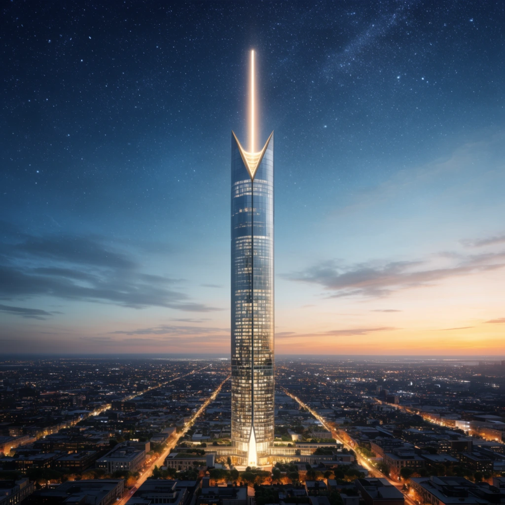 towering illuminated glass skyscraper, tall slender profile, bright glowing vertical spire emerging from a v-shaped crown, sprawling flat city grid with warm streetlights below, sky transitioning from sunset orange to deep starry blue, hyper-realistic architectural aerial rendering