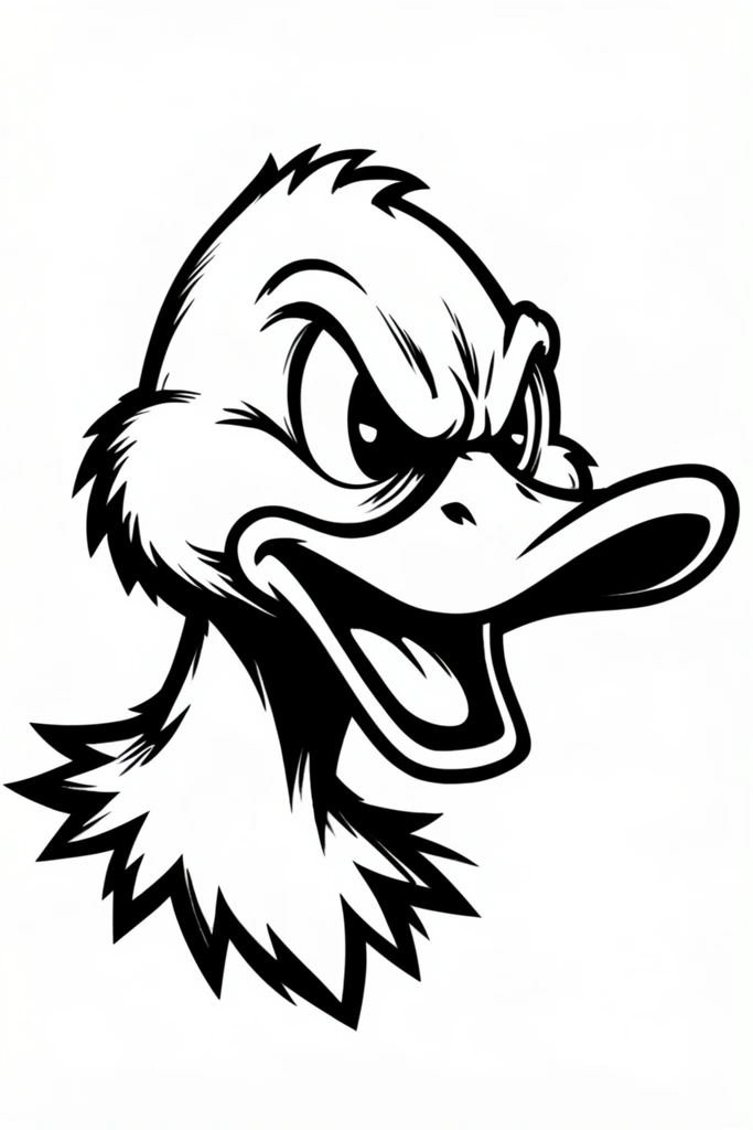 black and white line art of an aggressive duck head mascot, angry expression with a deeply furrowed brow, sharp angled eye, wide open beak revealing a tongue, jagged spiky neck feathers, bold black ink strokes, high contrast solid black shadows, vintage sports logo aesthetic, stark graphic design, isolated on a pure white background