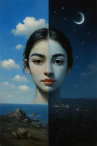 Cosmic Surrealist Oil style reference image — high contrast chiaroscuro