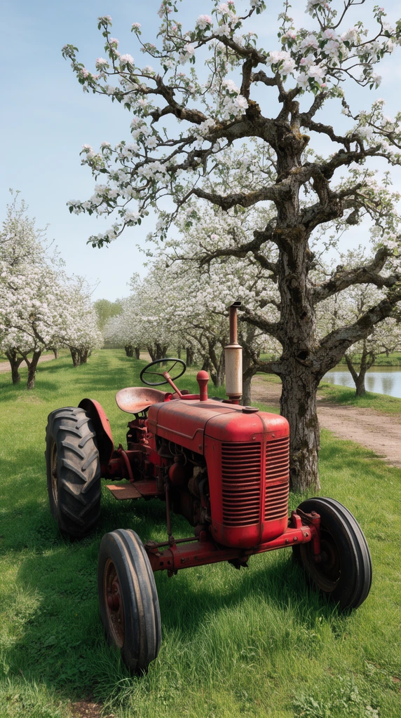 A vintage red tractor sits parked on vibrant green grass within a blooming apple orchard. The weathered agricultural machine features large treaded rear tires, a curved metal seat, and a tall vertical exhaust stack. Immediately to the right stands a mature, intricately gnarled tree dotted with delicate white blossoms. Rows of flowering trees recede along a dirt path toward a distant pond. Captured in crisp wide-angle daylight photography with deep depth of field under a pale blue sky.