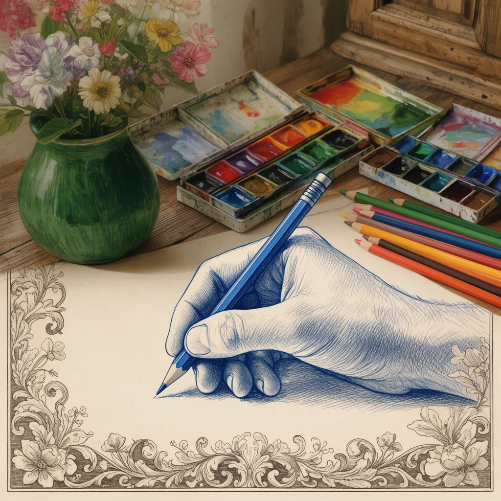 hand drawing with blue pencil on blank paper, watercolor palettes, colored pencils, green vase of flowers, wooden desk, vintage engraving style, cross-hatching, ornate floral border