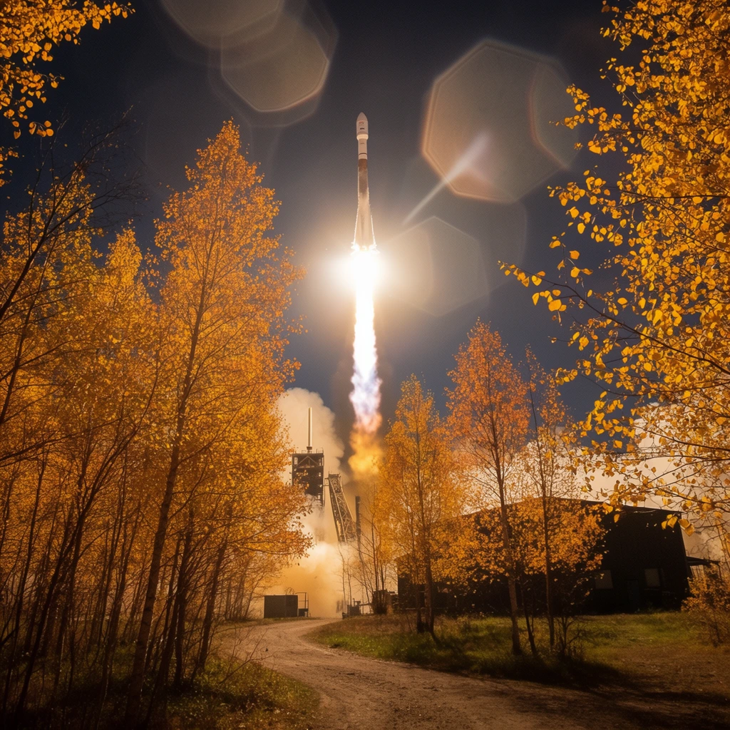 A rocket ascends into the dark sky, illuminating a grove of golden-leaved trees with the blinding light of its fiery exhaust plume. A dirt pathway winds through slender trees whose foliage glows vividly in hues of bright yellow and orange from the intense backlighting. In the background, the spacecraft leaves a thick, billowing trail of pale smoke above silhouetted industrial launch structures. A dark, low-slung building sits partially obscured by foliage on the right. The nighttime landscape photography features dramatic contrast, dominated by the radiant glare of the engine. Large translucent hexagonal lens flares cascade diagonally across the dark blue-grey sky. The wide-angle composition frames the vertical thrust of the rocket between the organic canopies of the foreground trees, creating a striking juxtaposition of aerospace technology and terrestrial nature.