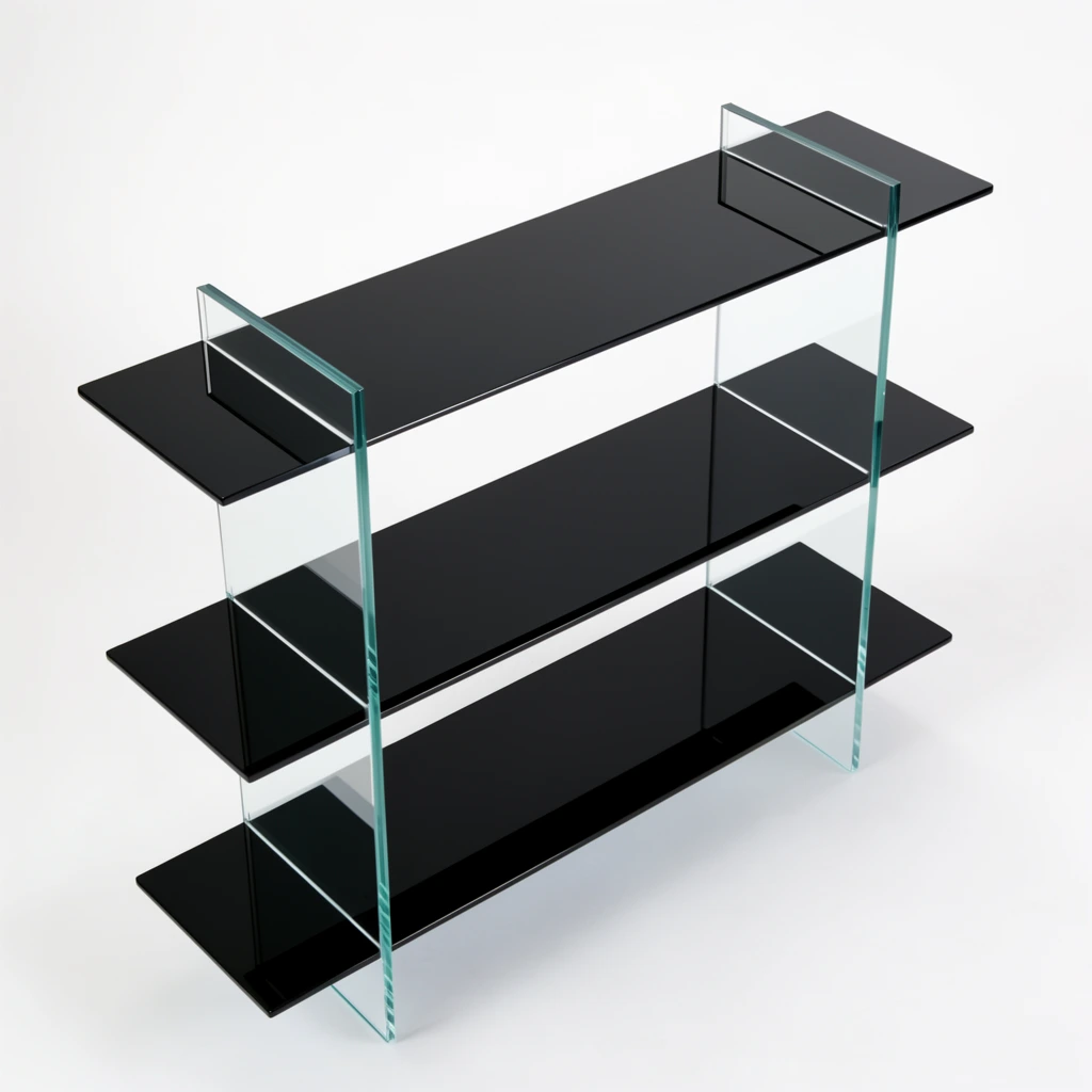 A minimalist geometric shelving unit featuring transparent glass vertical support panels and highly reflective, opaque black horizontal shelves. Three sleek tiers stand against a seamless white studio background, with the middle and bottom shelves extending sharply beyond the clear side frames. High-angle product photography captures crisp edges and glossy surface reflections under bright, even lighting, emphasizing the precise interplay of floating solid planes and transparent structural elements.