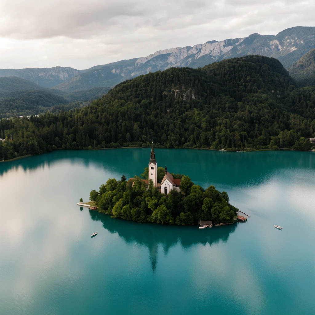 aerial view of a tiny forested island with a tall-steepled church centered in a turquoise lake, two small boats on smooth water, steep hills of dense green pine forests, distant rugged mountains, overcast sky reflecting on the calm surface, wide landscape photography, soft natural lighting