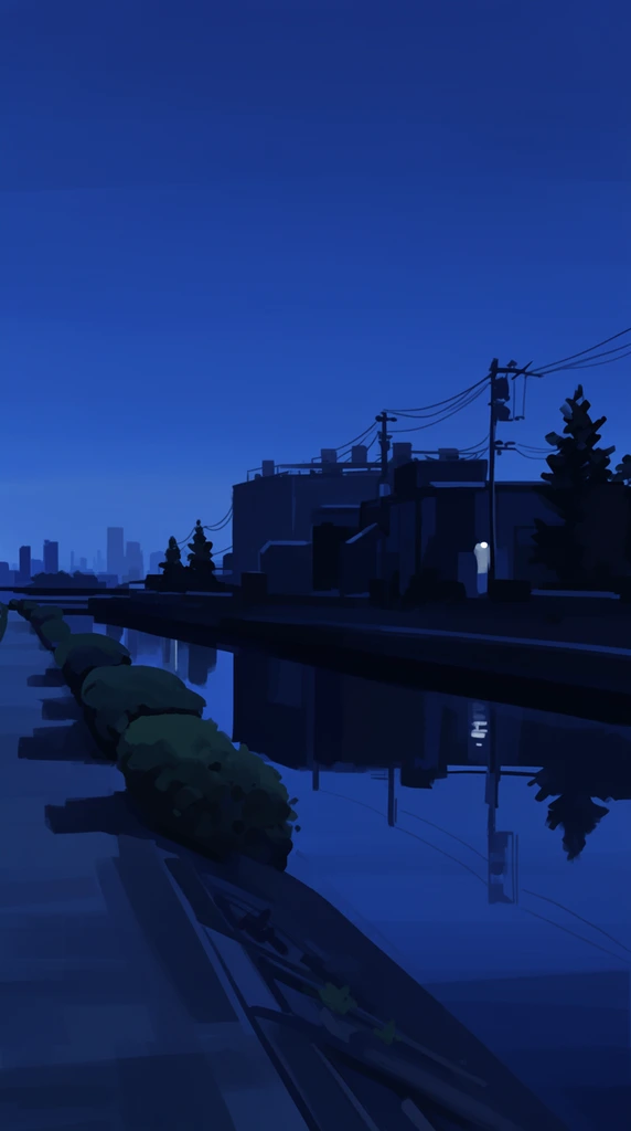 A monochromatic dark blue digital painting of a twilight canal reflecting a silhouetted industrial shoreline. The still water mirrors the dark navy silhouettes of blocky buildings, utility poles, draped wires, and pine trees on the opposite bank. A single dim white light glows from the structures, casting a faint reflection. To the left, a paved pathway runs parallel to the water, lined with rounded bushes. A faint skyline of skyscrapers sits low on the horizon beneath a gradient indigo sky. Rendered with broad, flat brushstrokes and sharp geometric shadows, the artwork utilizes a limited palette of sapphire and midnight blue to establish a quiet, moody nocturnal atmosphere.