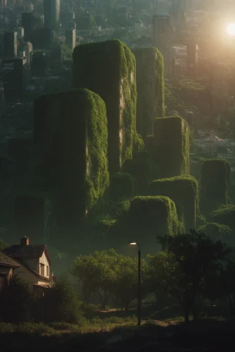 Ethereal Verdant Surrealism style reference image — surreal moss-covered monoliths