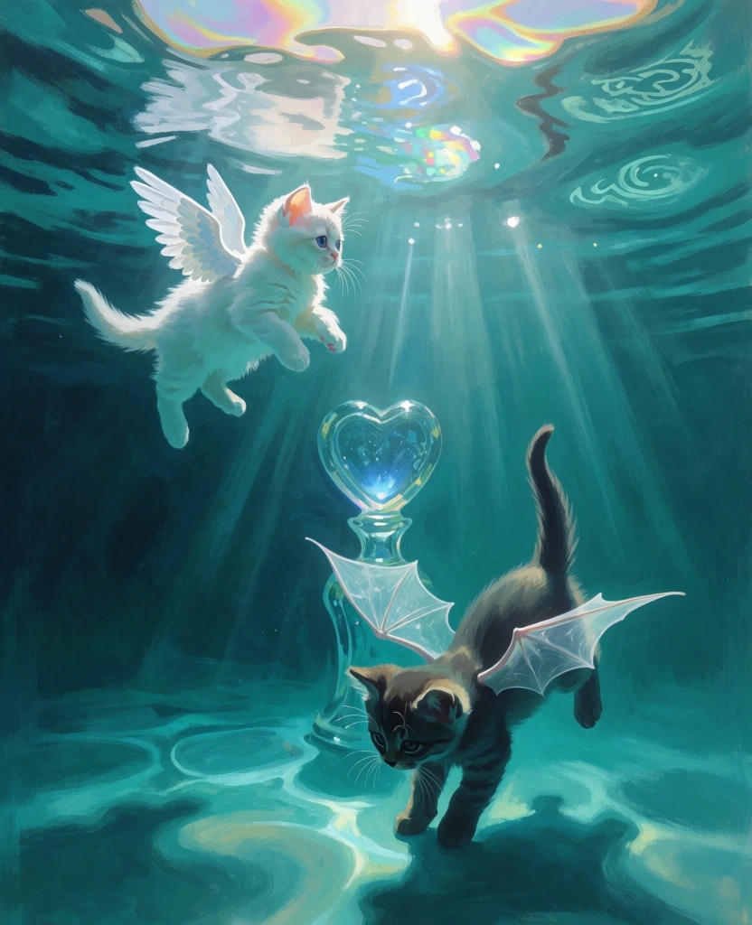 dreamlike underwater composition, ethereal crepuscular rays piercing deep teal water, a fluffy white kitten with soft feathery wings, a sleek kitten with translucent bat wings, central heart-shaped glass sculpture, prismatic light refractions, soft painterly textures, fluid turquoise gradients, caustic light patterns, high-key luminosity at the surface fading to deep cyan, minimalist surrealism, iridescent highlights, cinematic depth of field, serene magical aesthetic.