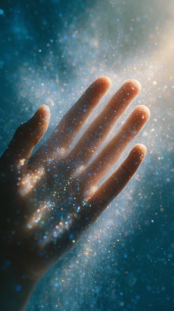 A human hand reaches diagonally upward into a luminous cloud of glowing blue and white particles. Warm directional light from the top right illuminates the gently spread fingers, highlighting thousands of iridescent specks clinging to the skin and floating in the air. Shot in cinematic macro photography with shallow depth of field, out-of-focus stardust creates a soft bokeh effect against a deep atmospheric cyan background.