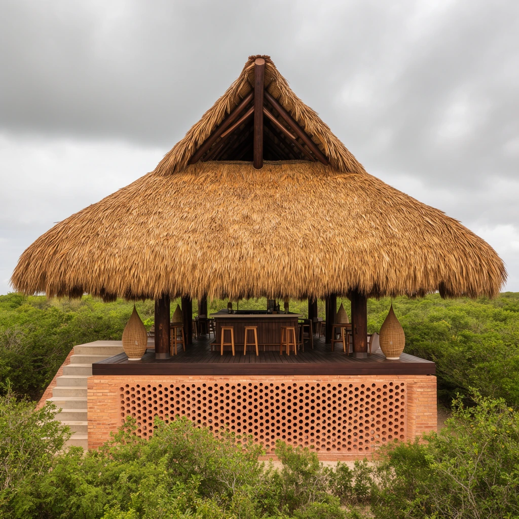 A large open-air pavilion with a massive thatched roof sits elevated on a geometric brick foundation amidst lush green scrubland. The expansive canopy of golden-brown dried palm fronds culminates in a pointed peak supported by heavy dark wooden beams. Beneath the shelter, a dark wooden deck hosts a central bar with tall wooden stools and teardrop-shaped wicker lamps. The structure rests on a terracotta brick base featuring a perforated honeycomb pattern, with light concrete stairs ascending to the deck on the left. Symmetrically centered, the architecture is surrounded by dense, vibrant green vegetation under an overcast grey sky. Diffused natural lighting highlights the varied textures of rough thatch, smooth wood, and structured brickwork in a warm, earthy color palette.
