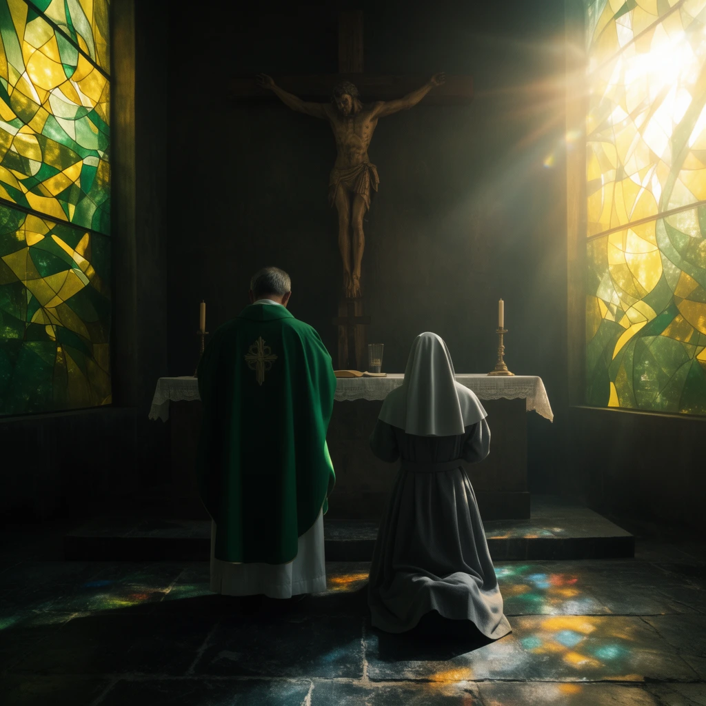priest in green vestments and kneeling nun in grey habit viewed from behind, praying at a dimly lit altar beneath a large wooden crucifix, flanked by abstract yellow and green stained glass windows, intense volumetric sunlight flooding through the right window, lens flare, colorful light patches on dark stone floor, symmetrical framing, moody low-key lighting, cinematic photography