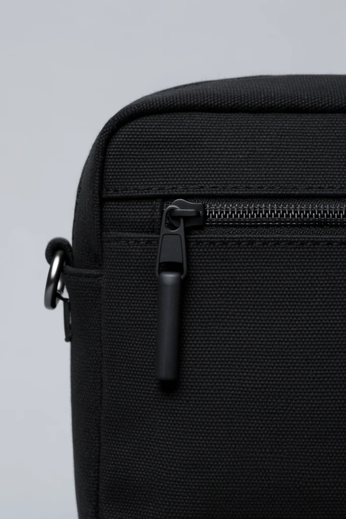 close up black woven canvas bag, horizontal zipper, matte black pull tab, metal hardware on left edge, solid light grey background, minimalist product photography, sharp focus, soft studio lighting