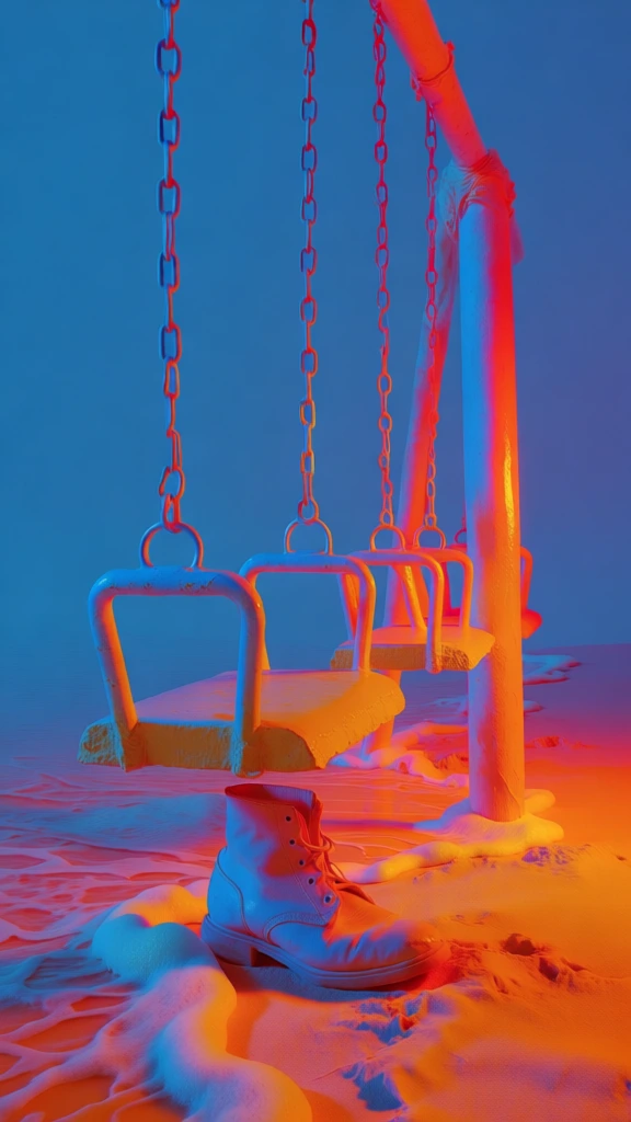 surrealist high-concept photography featuring a row of empty metal swings on a beach, foamy tide water swirling around the metal poles, a single weathered leather boot on the sand under the center swing, dramatic dual-tone lighting with electric cyan and vibrant neon-orange split, deep high-contrast shadows, ethereal glow on highlights, minimalist background, cinematic and eerie atmosphere, crisp textures, saturated colors, sharp focus, professional editorial aesthetic