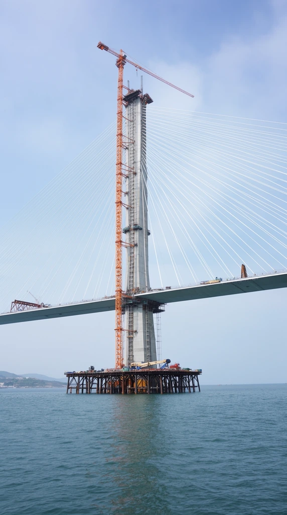 A massive cable-stayed bridge under construction spans a wide body of water beneath a hazy blue sky. A towering concrete pylon anchors the structure, with dozens of taut white cables radiating downward to support a sleek bridge deck. A bright orange tower crane runs parallel to the central spire. Below the deck, a temporary network of dark steel pilings forms a construction platform holding heavy equipment just above the rippling blue-green water. The distant left background reveals a faint coastline with rolling hills. This wide-angle daytime photograph highlights the monumental engineering scale with bright natural lighting and a cool color palette.