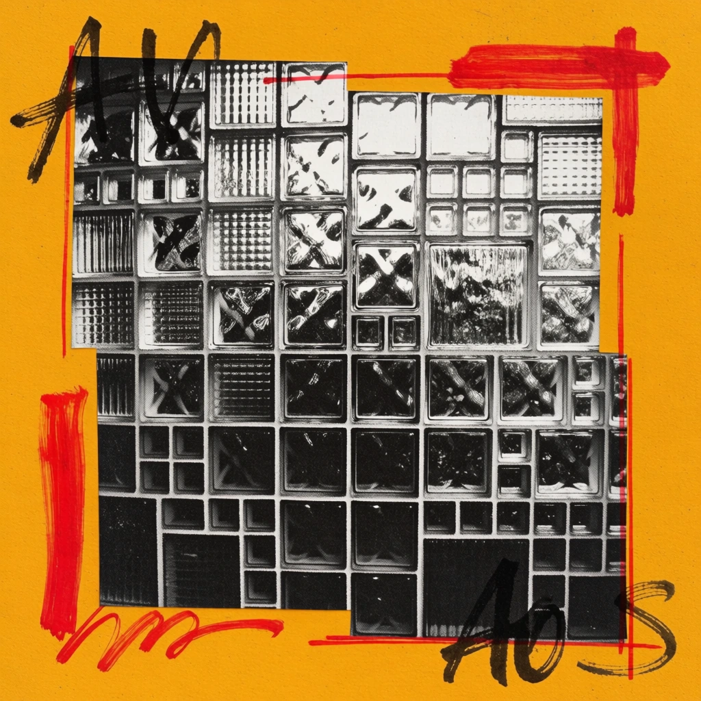 a wall of textured glass blocks of varying sizes and patterns rendered as a high-contrast black and white gritty halftone cutout, obscured foliage visible through the glass, set against a saturated ochre yellow background, accented with raw expressive hand-painted red scribbles and thin framing lines, gestural black ink brush-lettering overlays, lo-fi punk-zine aesthetic, photocopy texture, heavy paper grain, asymmetrical collage composition, dithered shadows, xerox noise