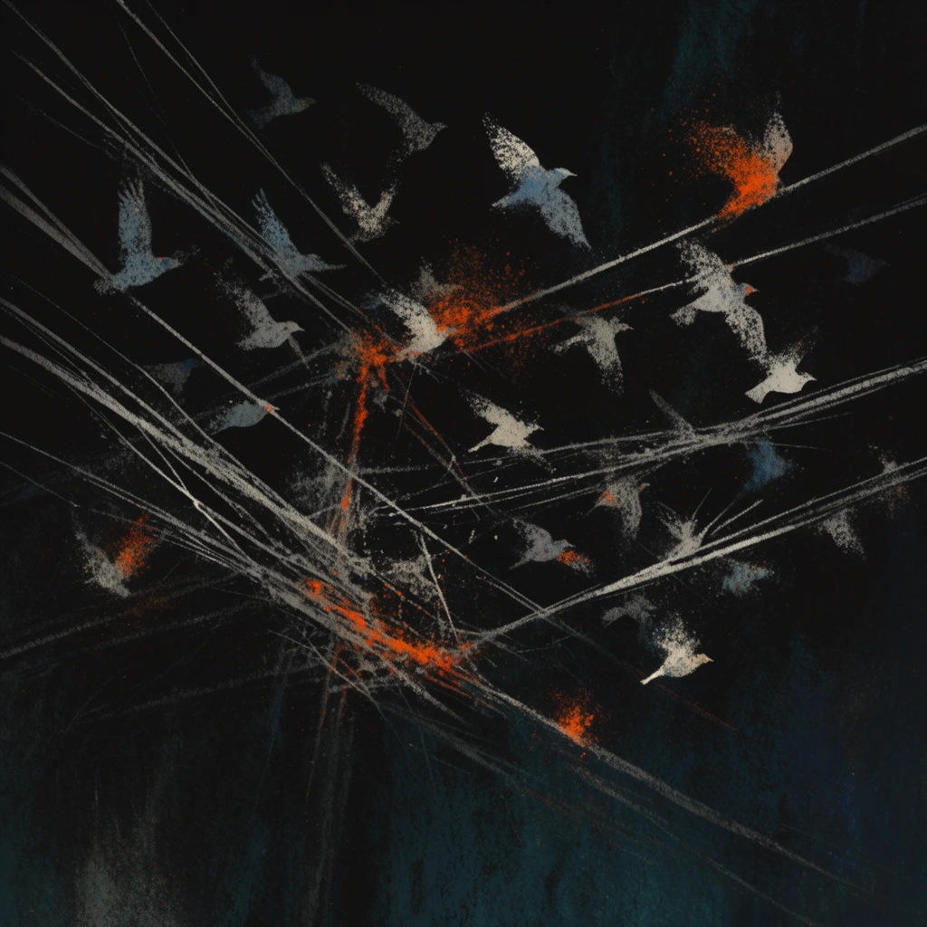 Multiple intersecting power lines stretch aggressively across a deep black sky, accompanied by a scattered flock of birds flying amidst the chaotic wires, entirely rendered in an abrasive, highly textured dry pastel and charcoal illustration style. The environment is a profound, dark abyss with subtle dark teal and navy undertones dominating the background. The intersecting power lines are formed by harsh, jagged, sweeping strokes of stark white and ash gray chalk, crisscrossing with kinetic, scratched energy. Scattered throughout the wires, the flock of birds is depicted as frantic, stippled silhouettes in pale blue-gray and stark white, their wings and bodies partially dissolving into heavy grain, noise, and aggressive smudges. Striking, sparse accents of vivid, fiery orange and rust glow vibrantly at select wire intersections and around specific birds, built up through dense, speckled stippling. The high-contrast, chiaroscuro composition is characterized by harsh scratches, dissolving edges, and a gritty, dark ambient grunge aesthetic on a rough canvas.