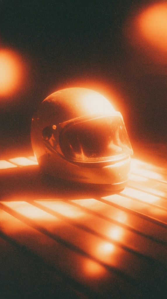 A single helmet with a large visor sits on a slatted surface, bathed in an intense, glowing warm amber and burnt orange light. The scene is rendered with a vintage analog photography aesthetic, characterized by heavy film grain, soft focus, and hazy diffusion. Massive optical blooming and halation radiate from the light striking the helmet and its visor, creating a highly luminous, overexposed effect. The intense warm light casts bright, glowing orange pools and reflections across the slats below, while the surrounding environment and background fall away into deep, crushed dark brown and almost pure black shadows. Large, out-of-focus glowing orange light flares hover in the periphery of the frame, amplifying the low-fi, heavily textured, and heavily filtered aesthetic of 1970s experimental film photography.