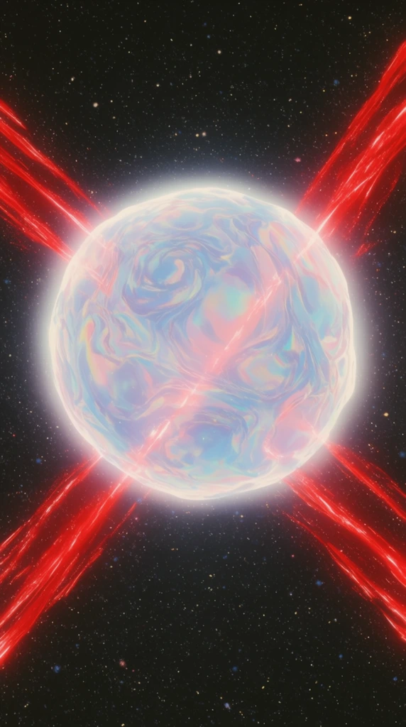 glowing iridescent energy sphere, swirling pastel blue and pink surface, brilliant white aura, intersecting X-shaped crimson red energy streaks, scattered stars on deep black space background, vintage sci-fi animation style