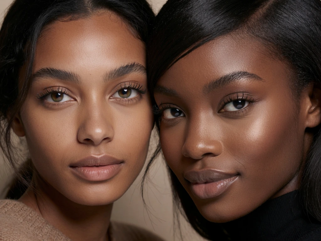 A tightly framed, intimate beauty portrait shows two young women with luminous skin posed cheek-to-cheek, filling nearly the entire image with their faces and direct, calm gazes. photographic portrait, high-end beauty editorial, studio fashion image, ultra-realistic, polished commercial retouching, minimalist composition, contemporary luxury aesthetic, warm moody glamour, elegant, sensual but restrained, low visual clutter, hyper-detailed skin texture, soft yet directional lighting, golden-hour-inspired studio light, rich tonal separation, adjacent to the visual language of Mikael Jansson, Tyler Mitchell, Harley Weir’s cleaner beauty work, and Sølve Sundsbø’s polished cosmetic campaigns, palette of deep cocoa, warm bronze, caramel, chestnut, black, and creamy beige, medium-low key exposure, strong contrast with glossy highlights, shallow depth of field, likely short telephoto portrait lens, no obvious grain, no motion blur, no visible noise, no text, no border, no watermark.
On the left side, a young woman with medium-brown skin occupies the left half of the frame from forehead to chin, her face angled slightly toward the camera and turned a touch to her right. She has thick dark eyebrows, long curled lashes, hazel-brown eyes catching a bright reflection, a smooth forehead with a centered highlight, a softly contoured nose, and full neutral-toned lips with a satin sheen. Her expression is composed and confident. Her dark hair is pulled back or smoothed away from her face, with some soft texture visible along the upper left edge. At the bottom left corner, the ribbed collar and shoulder of a brown knit sweater are visible.
On the right side, another young woman with very deep brown skin presses close so that her forehead and cheek nearly meet the first woman’s face at the center seam of the image. She looks directly at the viewer with slightly narrowed, almond-shaped dark brown eyes, long lashes, sculpted brows, and glossy lips. A bright highlight runs across her upper cheekbone and bridge of the nose, emphasizing smooth radiant skin. Her dark hair is sleek, side-parted, and combed flat across the top right of the frame. She wears a black high-neck top or turtleneck visible at the lower right. The background is plain, soft beige, blurred and unobtrusive, making the faces and skin glow the sole focus.