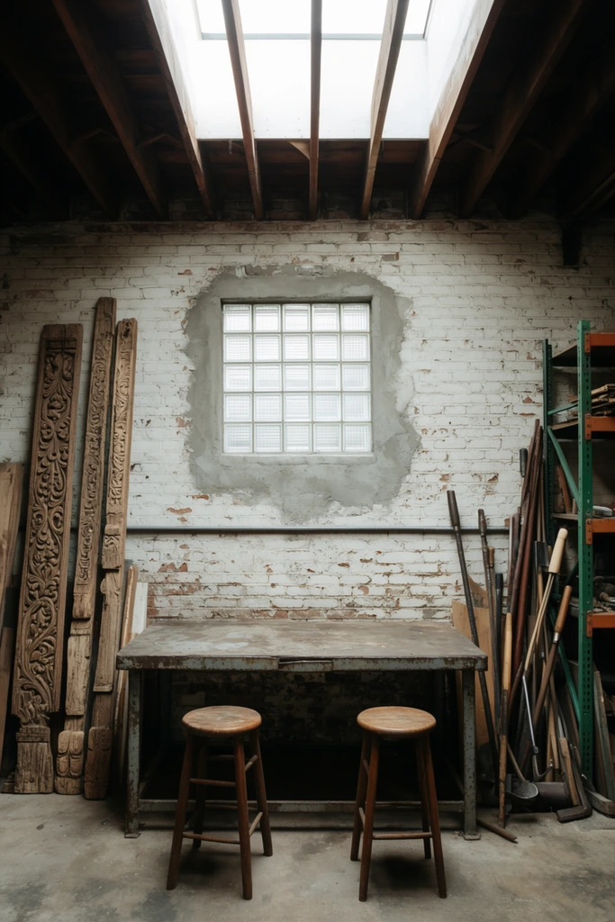 A rustic industrial workshop interior features a distressed metal work table and two round wooden stools positioned beneath a bright skylight. The room is enclosed by a peeling white brick wall bisected by a horizontal pipe, featuring a central patch of raw gray cement surrounding a glass block window. Tall, intricately carved wooden salvage pieces lean against the left wall. Assorted long-handled tools and scrap wood rest against green metal shelving on the right. Exposed dark wooden ceiling joists frame the soft, diffused natural daylight that illuminates the muted, earthy color palette of the textured studio space.
