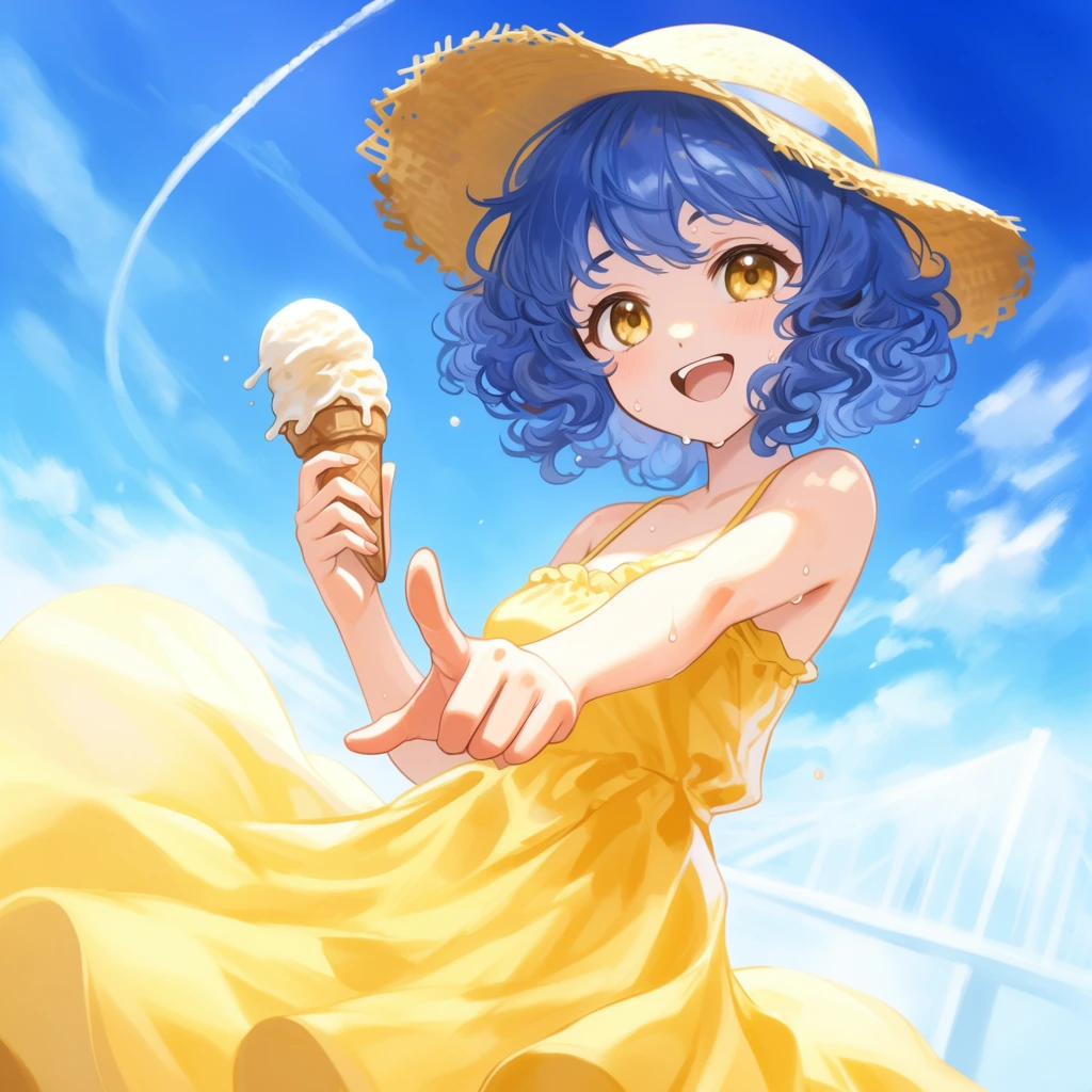 Dynamic anime portrait of a smiling girl with short curly blue hair and golden eyes pointing forward while holding a melting ice cream cone. She wears a billowing yellow sundress and straw hat, her skin dotted with sweat under radiant sunlight. Set against a vibrant blue sky with wispy clouds, a white contrail, and a faint distant bridge, the artwork features soft digital shading, luminous colors, and an energetic breezy summer atmosphere.