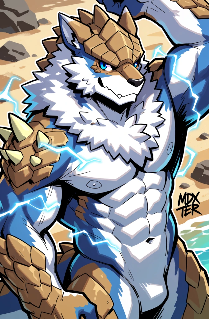 A muscular, anthropomorphic creature inspired by the Zinogre monster stands in a powerful pose against a sandy beach backdrop. This blue and white creature possesses a humanoid, highly defined physique with prominent pectoral and abdominal muscles. Its head is lupine with bright blue eyes, a dark nose, and tan, armored plating covering its brow and jawline. Thick, white, fluffy fur wraps around its neck and upper chest. Tan-colored, segmented scales form a ridge on its head and cover its shoulders and forearms. The right shoulder is adorned with three small, protruding yellow spikes. Electric blue bolts of lightning crackle across its muscular torso and shoulders. The character's left arm is raised above its head while the right arm rests at its side, showcasing thick muscles and textured skin. The background consists of a tan sandy ground with scattered gray rocks and a small patch of turquoise water visible in the lower right corner where it meets the shoreline. A stylized black signature reading "MDX TER" in a blocky font is placed on the right side of the character's hip. The illustration uses a bold, cel-shaded digital art style with thick black outlines and a vibrant color palette. The camera angle is a low-angle close-up, focusing on the character's torso and head to emphasize its size and strength under bright, directional lighting from the upper left.