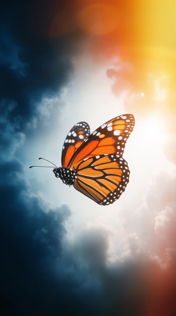 A vivid monarch butterfly flies against an ethereal, glowing cloudscape. Its brilliant orange wings, patterned with thick black veins and crisp white spots, are sharply focused in mid-air. An intense white light radiates from the center, dissolving into moody dark blue clouds on the left, while a cinematic golden-orange lens flare bleeds from the top right, creating a highly contrasting dreamlike atmosphere.