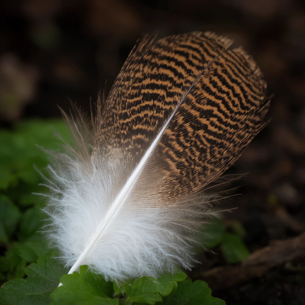 patterned bird feather resting on green leaves, fluffy white base, dark brown and golden barring, prominent white shaft, macro photography, shallow depth of field, soft natural lighting, blurred dark earthy background