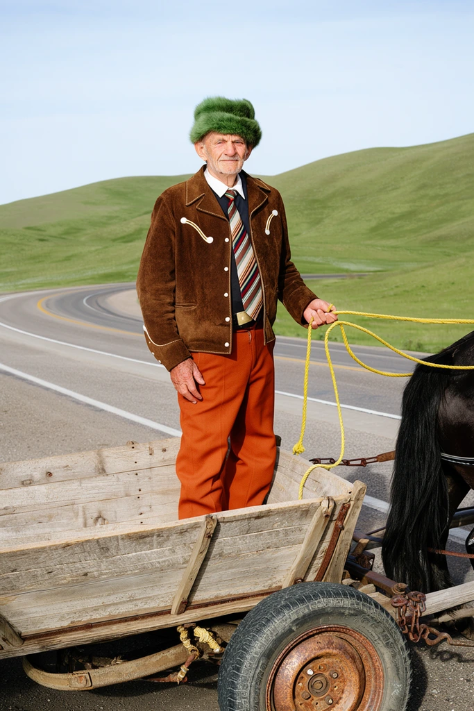 An elderly man in a green fur hat, brown suede western jacket, striped tie, and rust-orange trousers stands inside a weathered wooden cart. He holds yellow rope reins connected to a dark horse partially visible on the right. The cart rolls on a rusted car tire. Behind him, a curving paved highway cuts through rolling green hills under a pale blue sky. The bright, sharp documentary-style daytime portrait captures the textural details of the man's eclectic attire and the improvised wagon against the smooth, sweeping rural landscape.