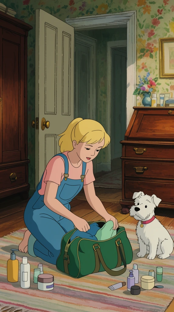 2D traditional animation cel, young blonde woman in blue overalls kneeling on a striped rug packing a green duffel bag, small white terrier dog sitting nearby, cozy room with floral wallpaper, scattered toiletries, wooden wardrobe, writing desk, open door to hallway, warm natural light