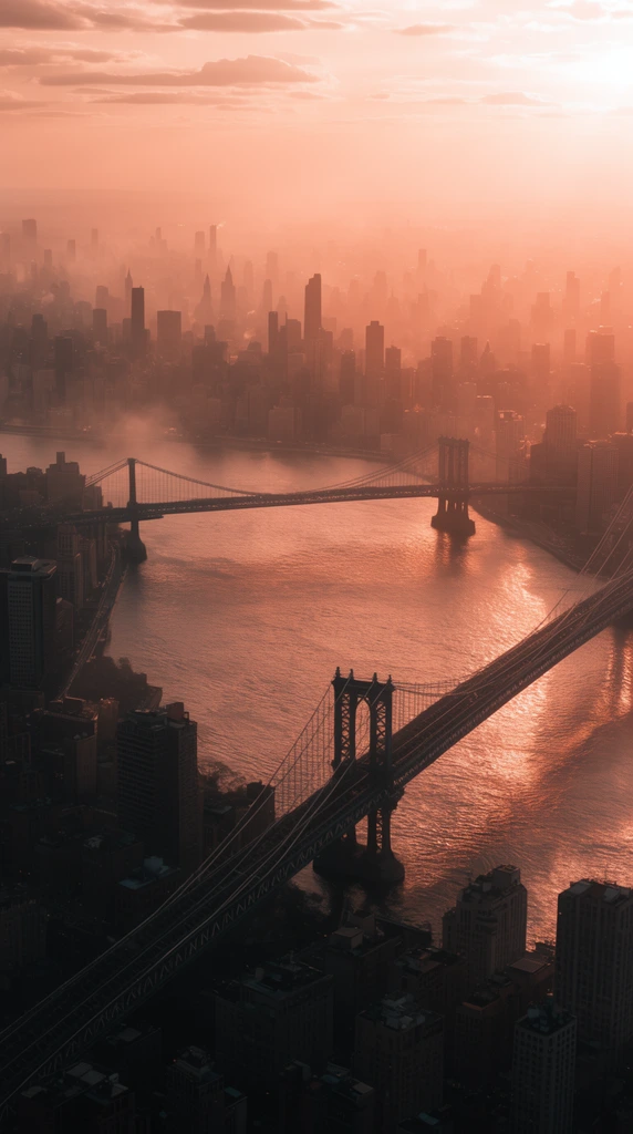 aerial view of a vast sprawling metropolis intersected by a wide river, two massive suspension bridges spanning the glowing water, dense urban skyline with high-rise silhouettes, hazy copper and peach sunset, atmospheric mist, backlit cinematic lighting, monochromatic warm wash