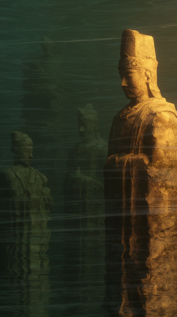 Submerged colossal stone statues rest in murky, dark greenish waters. A prominent figure on the right is illuminated in golden light, casting deep shadows. Horizontal water ripples distort the view.