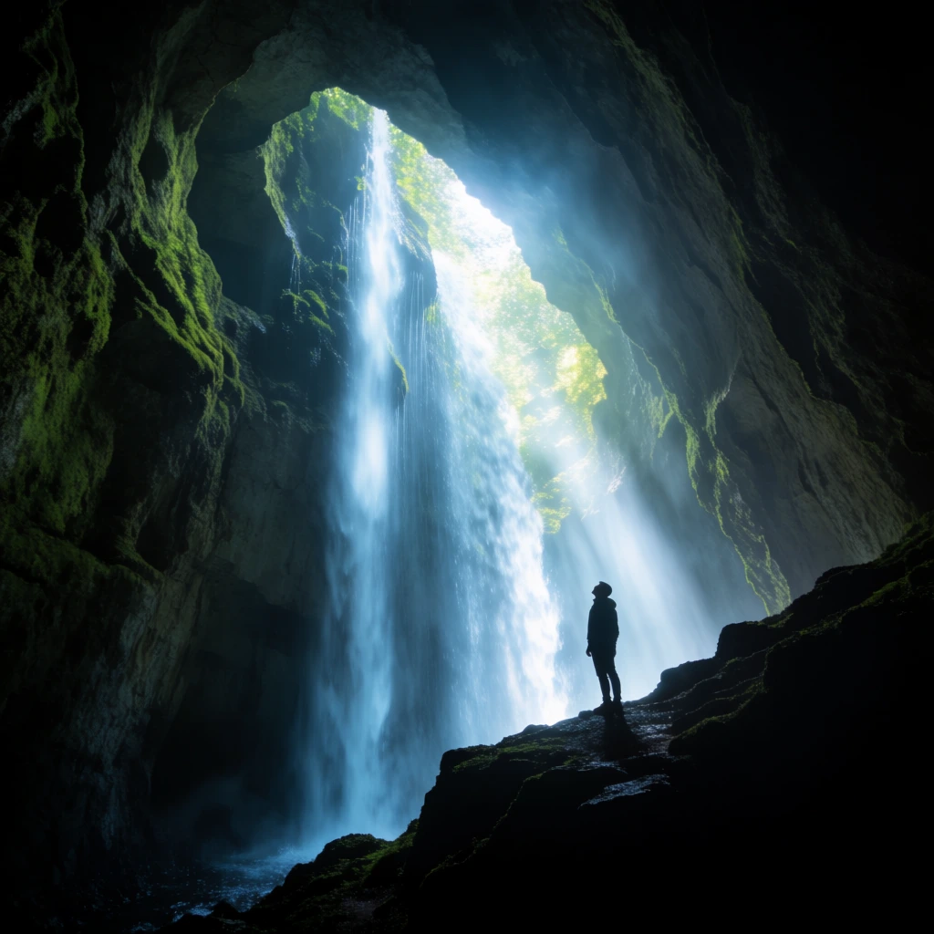 A silhouetted figure stands on a rocky ledge inside a massive cavern, gazing upward at a luminous waterfall pouring from an aperture above. Intense sunlight streams through the opening, illuminating mist and turning the water into glowing blue-white ribbons. The steep, textured cave walls are covered in vibrant green moss. Deep shadows create dramatic high-contrast framing, emphasizing the vast subterranean scale and the ethereal light shafts piercing the damp darkness.