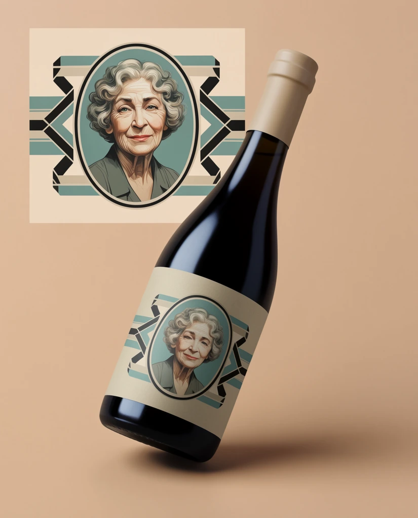 A dark glass bottle angled diagonally floats above a seamless warm beige surface, casting a soft drop shadow. A light tan foil capsule covers its neck. The bottle's matte label features an Art Deco-inspired design in muted teal, black, and beige, centering an oval illustration of an elderly woman with curly hair framed by symmetrical geometric ribbons. In the upper left background, a flat layout of the identical portrait and ribbon graphic rests on a pale rectangular backdrop. Soft, diffuse lighting highlights the sleek glass curve and matte paper textures in this clean, vintage-inspired product mockup.