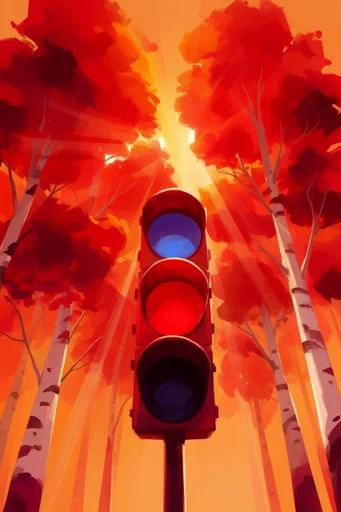 Luminous Crimson Canopy style reference image — low-angle forest perspective
