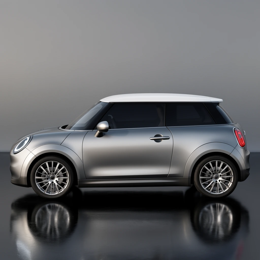 A sleek, silver compact hatchback sits in profile on a reflective dark surface against a smooth grey background. The vehicle features a rounded aerodynamic body, a contrasting flat white roof, and heavily tinted windows creating a floating roof illusion. Oversized circular headlights with illuminated rings define the front, while vertical red taillights mark the rear. Large multi-spoke alloy wheels sit within subtly flared arches. Soft, diffused studio lighting highlights the smooth metallic side panels and casts a sharp reflection on the glossy floor beneath, presenting a minimalist automotive composition.