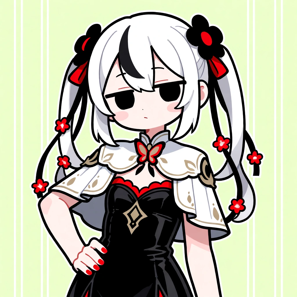 A stylized digital illustration features a young girl with white hair tied in pigtails, wearing a black dress and white capelet, set against a pale green striped background. She has large, half-lidded black eyes, a neutral expression, and small pink blushes on her cheeks. Her white hair is styled into two pigtails held by large black flower ornaments with red centers and red ribbons, with a single black streak in her front-facing bangs. Long, thin black ribbons adorned with small red flowers cascade from her hair. She wears a form-fitting, glossy black dress featuring a red scalloped trim at the neckline and a gold diamond-shaped emblem on the bodice. Draped over her shoulders is a white capelet with gold accents and a red butterfly brooch fastening it at the neck. Her right hand, with red-painted nails, rests on her hip, while her left arm hangs at her side. The background consists of a flat, pale green color with thin, vertical white stripes. The art style utilizes bold, thick black outlines and clean cel-shading, presenting a modern anime-inspired aesthetic with a limited color palette of white, black, red, and gold.