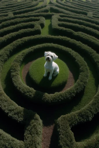 Surrealist Topiary Labyrinths style reference image — vibrant green and crimson palette