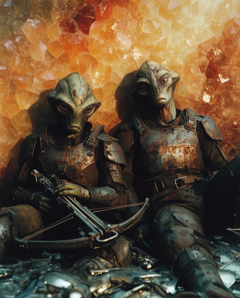 two exhausted alien soldiers slumped against a glowing crystal wall, wearing rusted metal armor, one gripping a mechanical crossbow, sitting on metallic scrap, gritty post-battle atmosphere, dramatic shadows, 35mm film aesthetic