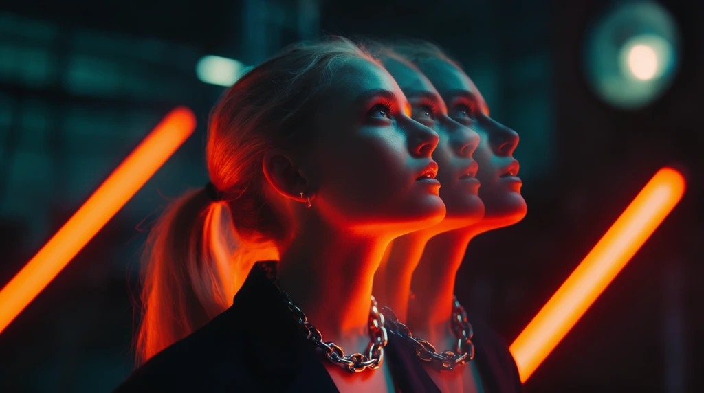 young woman in profile looking upwards, blonde ponytail, dark blazer, chunky silver chain, multiple exposure effect creating a trailing ghostly duplicate of her face, dramatic high contrast neon lighting, intense red and orange glow illuminating her features from below, deep cyan shadows, dark blurred industrial background, glowing diagonal neon orange tubes, circular glowing light, cinematic portrait photography, cyberpunk aesthetic, shallow depth of field, neon noir atmosphere