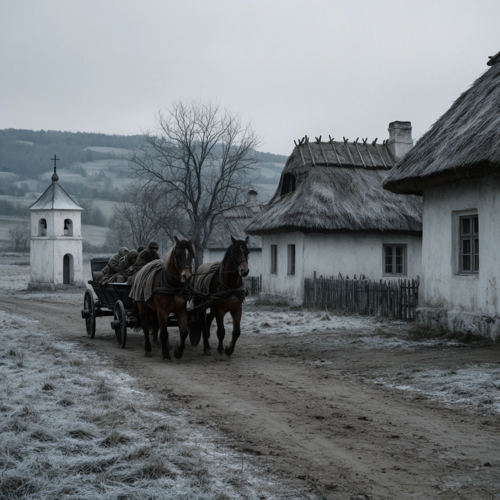 A horse-drawn carriage travels a dirt road through a bleak, frost-covered village. Two brown horses pull a dark cart carrying bundled figures. White stucco houses with thick thatched roofs sit opposite a small white bell tower and bare trees. Frost dusts the sparse grass leading to distant rolling hills under a pale, overcast sky. The cinematic wide shot features a highly desaturated palette of grays, browns, and whites, emphasizing a cold, desolate atmosphere.