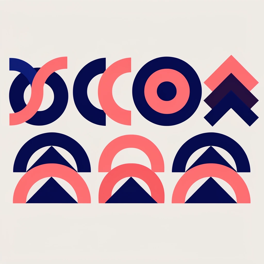 A grid of nine modular geometric shapes arranged in two rows against a flat off-white background. The crisp, unshaded vector forms are constructed from interlocking semicircles, stacked arches, and thick rings using a two-color palette of dark navy blue and coral pink. The top row features interlocking curves, opposing crescents, a nested ring, and stacked chevrons. The bottom row presents variations of overlapping semicircles and arches resting on triangular bases. The minimalist composition explores balance and negative space through pure, abstract geometry.