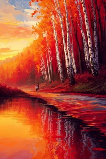 Luminous Crimson Woodland style reference image — white birch forest